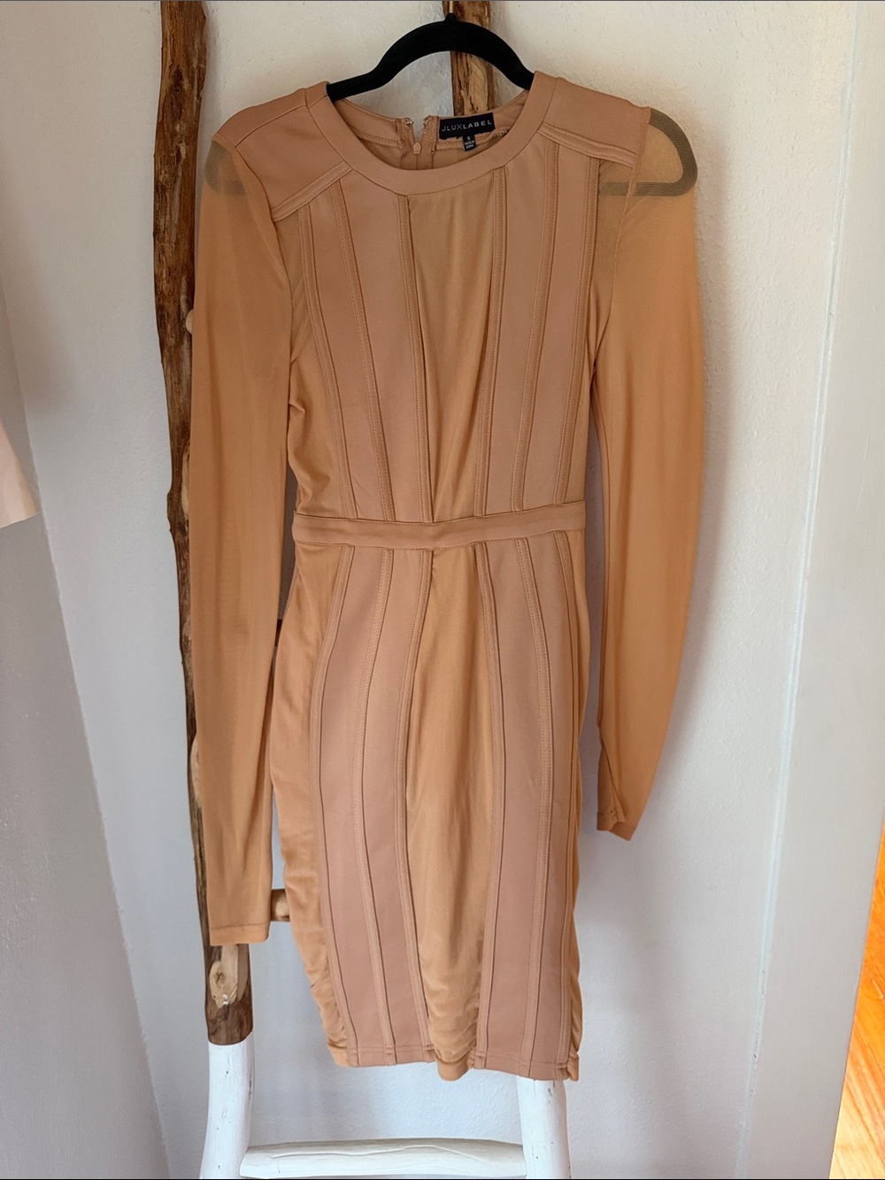 JLUXLABEL Tan Nude Body Con Long Sleeve Stretch Mesh Panel Bandage Dress Small